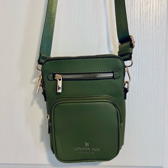 London Fog Handbags - London Fog Olive Green Crossbody Bag with Gold Metallic Details
